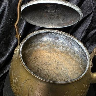 Vintage Solid Brass Floral Etched Teapot with Swing Handle