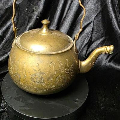 Vintage Solid Brass Floral Etched Teapot with Swing Handle