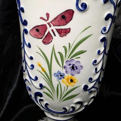 Vintage RCCL Portugal Hand-Painted Porcelain Footed Vase with Butterfly & Floral Motif