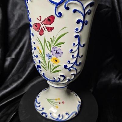 Vintage RCCL Portugal Hand-Painted Porcelain Footed Vase with Butterfly & Floral Motif
