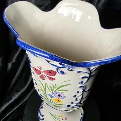 Vintage RCCL Portugal Hand-Painted Porcelain Footed Vase with Butterfly & Floral Motif