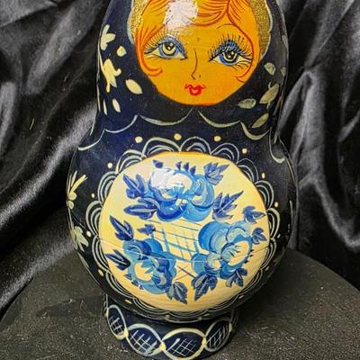 Hand-Painted Russian Matryoshka Nesting Dolls – Blue & Gold Floral Set of Five