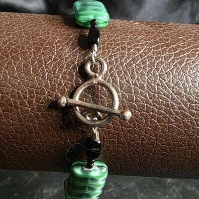 Vintage Green Marbled Glass Bead Bracelet - Silver Toggle Clasp with Black & Orange Accents