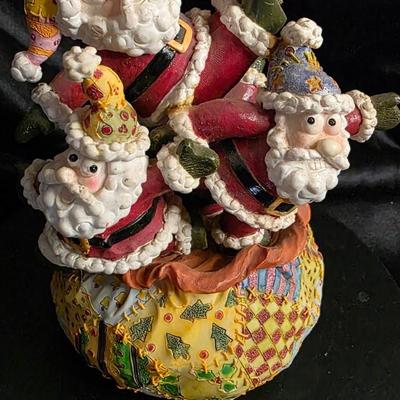 Whimsical Santas Holiday Figurine • Vibrant Patchwork Sack Design • Festive Hand-Painted Christmas Decor