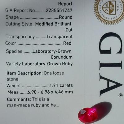 GIA CERTIFIED Lab Grown Ruby 1.71 ct