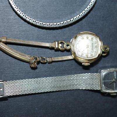 Sale Photo Thumbnail #295: Group of ladies wrist watches. Not working , 
One in 10 kt gold filled case, others are stainless steel or not marked, 
parts or repair