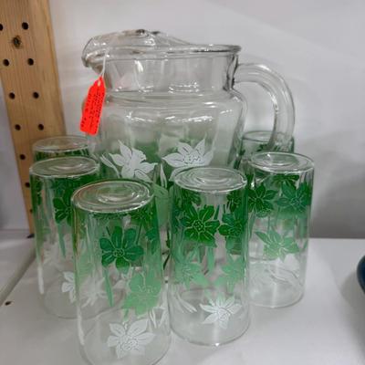 Sale Photo Thumbnail #779: Iridescent grape glasses, green pitcher and glass set