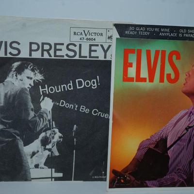 Sale Photo Thumbnail #369: Elvis Presley blue suede shoes,, cardboard sleeve and 45 record. 
Elvis Presley Hound Dog paper sleeve jacket and the 45 record 
Elvis SO Glad Your Mine cardboard sleeve and  =45 record 
two records without the sleeves 45's Thats All right &Elvis Presley 