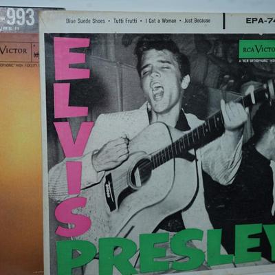 Sale Photo Thumbnail #370: Elvis Presley blue suede shoes,, cardboard sleeve and 45 record. 
Elvis Presley Hound Dog paper sleeve jacket and the 45 record 
Elvis SO Glad Your Mine cardboard sleeve and  =45 record 
two records without the sleeves 45's Thats All right &Elvis Presley 