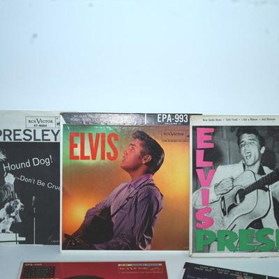 Sale Photo Thumbnail #368: Elvis Presley blue suede shoes,, cardboard sleeve and 45 record. 
Elvis Presley Hound Dog paper sleeve jacket and the 45 record 
Elvis SO Glad Your Mine cardboard sleeve and  =45 record 
two records without the sleeves 45's Thats All right &Elvis Presley 