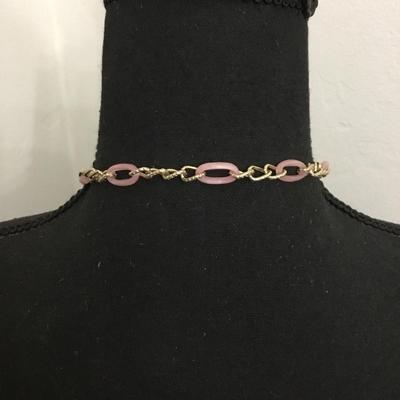 Vintage gold tone pink Lucite type plastic pendant necklace