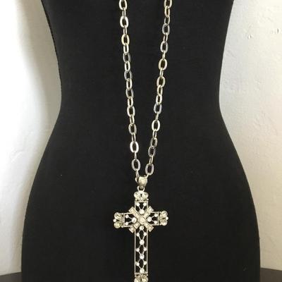 Beautiful very nice silver toned stainless steel cross rhinestone long statement necklace