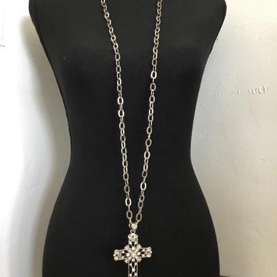 Beautiful very nice silver toned stainless steel cross rhinestone long statement necklace