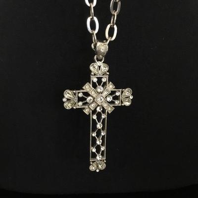 Beautiful very nice silver toned stainless steel cross rhinestone long statement necklace