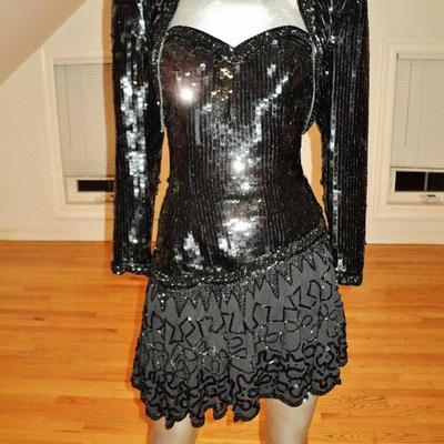 Vtg sequin beads ensemble mini fluid dress & bolero 100% silk