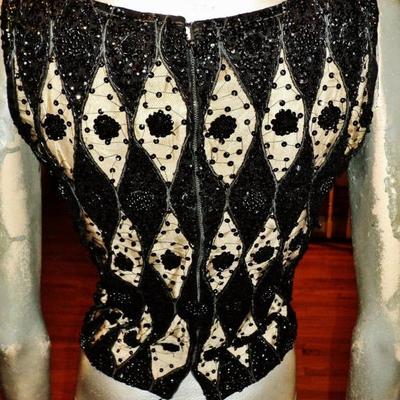 Vtg 1950's Heavily embellished beaded sequins Illusion wool top Hong Kong colony