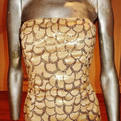 French Couture gold metallic strapless mermaid gown fishtail sequin embroidery