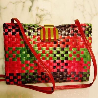 Rodo Italy multi color painted wicker/leather hand/shoulder runway bag