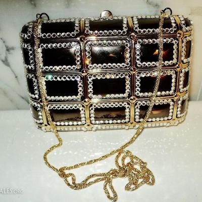 Vtg Jeweled rhinestone metal purse/clutch gold chain  gun metal color