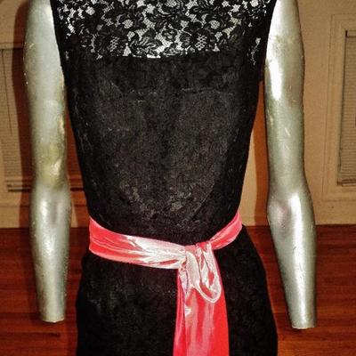Vtg French lace 1950's Cocktail maxi gown cerise sash belt