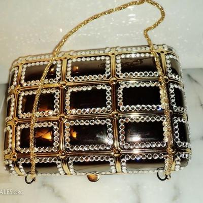 Vtg Jeweled rhinestone metal purse/clutch gold chain  gun metal color