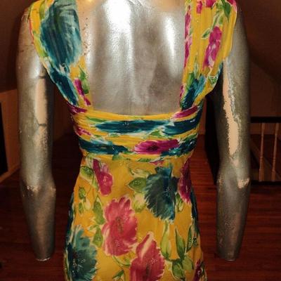 Silk tie dye Empire beaded gown front ruffle wing halter style  