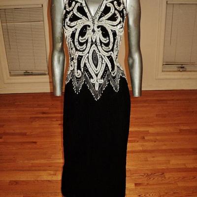 Jovani couture 90's silk  halter gown heavy embellished beads sequins 