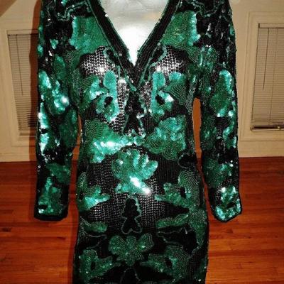 Vtg Oleg Cassini couture emerald silk flapper dress heavily double sequined 
