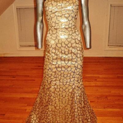 French Couture gold metallic strapless mermaid gown fishtail sequin embroidery