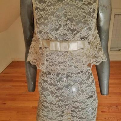 Vtg 1950's  Layering French Guipure lace Empire maxi dress Kitten bow