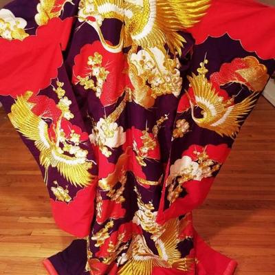 Vtg Japanese Silk brocade Ushikaki gold embroidered wedding Kimono Rare