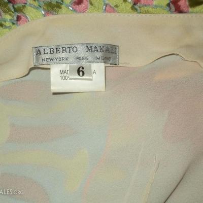 Vtg Alberto Makali silk/screened high low beaded single shoulder dress Italy 