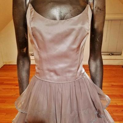 Vtg Monirs Couture design silver grey silk layered ruffled gown Crystal straps