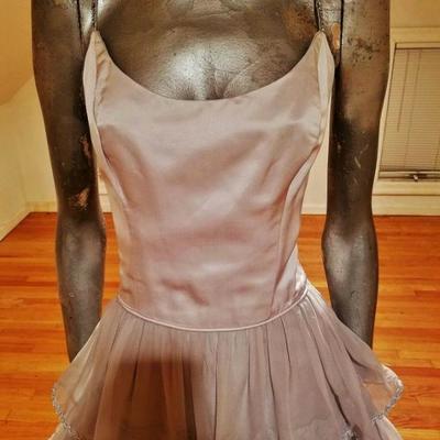 Vtg Monirs Couture design silver grey silk layered ruffled gown Crystal straps