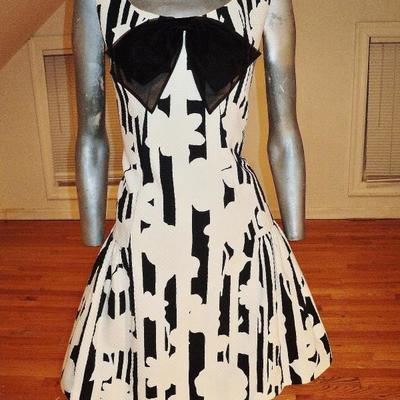 Vtg Lord & taylor 1970's pique' brocade black/white dress organza bow