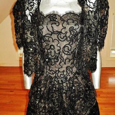 Vintage French Guipure lace shirred gown/Bolero jacket velour ruffle panels