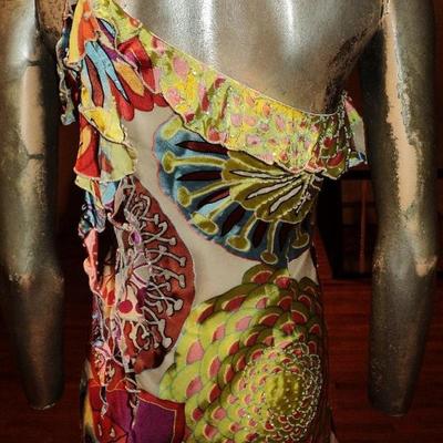 Vtg Alberto Makali silk/screened high low beaded single shoulder dress Italy 