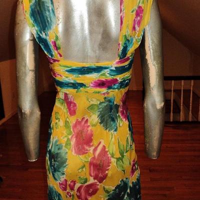 Silk tie dye Empire beaded gown front ruffle wing halter style  