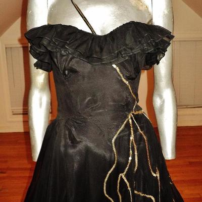 Vtg 1930's voile ruffled ball gown single strap sequins layers 