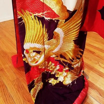 Vtg Japanese Silk brocade Ushikaki gold embroidered wedding Kimono Rare