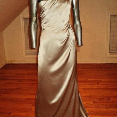 Couture Jackie Rogers silver single shoulder silk grecian draped bias gown