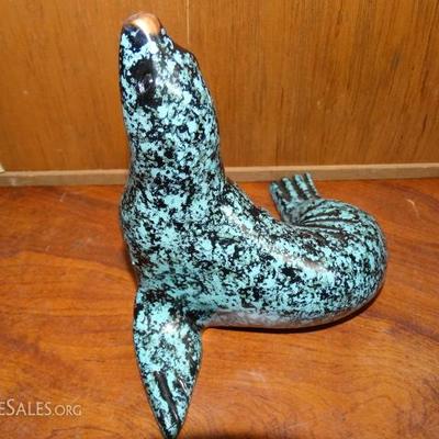 Lot #176 - VINTAGE SIGNED DONJO Seal Sculpture, Teal & Black