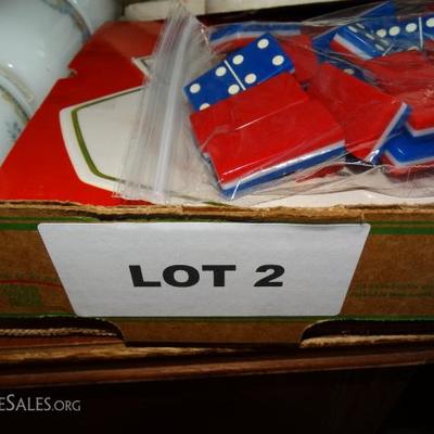 Lot #2 - Milk Glass mugs w/lids, dominoes, Christmas Cookie Holder