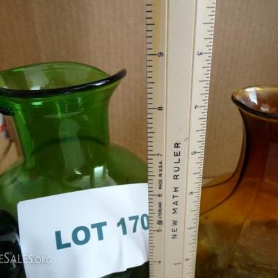 Lot #170 - Green Glass, Amber Glass Vases & Pitcher