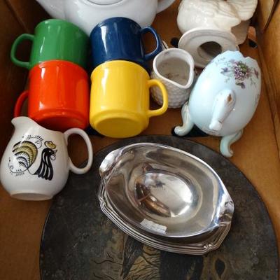 Lot #0262 - Misc kitchen, mugs, porcelain egg, white teapot 