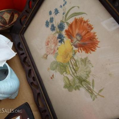 Lot #177 - Flower Art prints, hankies, pottery, trinket bowl