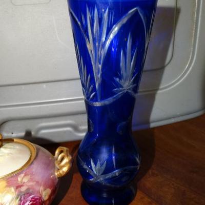 Lot #159  - Czech Cobalt Blue Crystal Vase, Limoges France Dish 