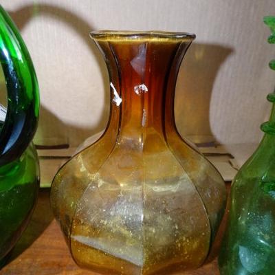 Lot #170 - Green Glass, Amber Glass Vases & Pitcher