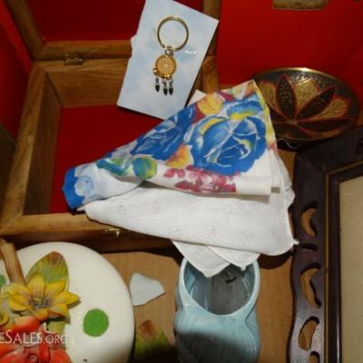 Lot #177 - Flower Art prints, hankies, pottery, trinket bowl