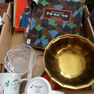 Lot #156 - Gorham Brass Bowl, Mikasa dish, Christmas Mugs